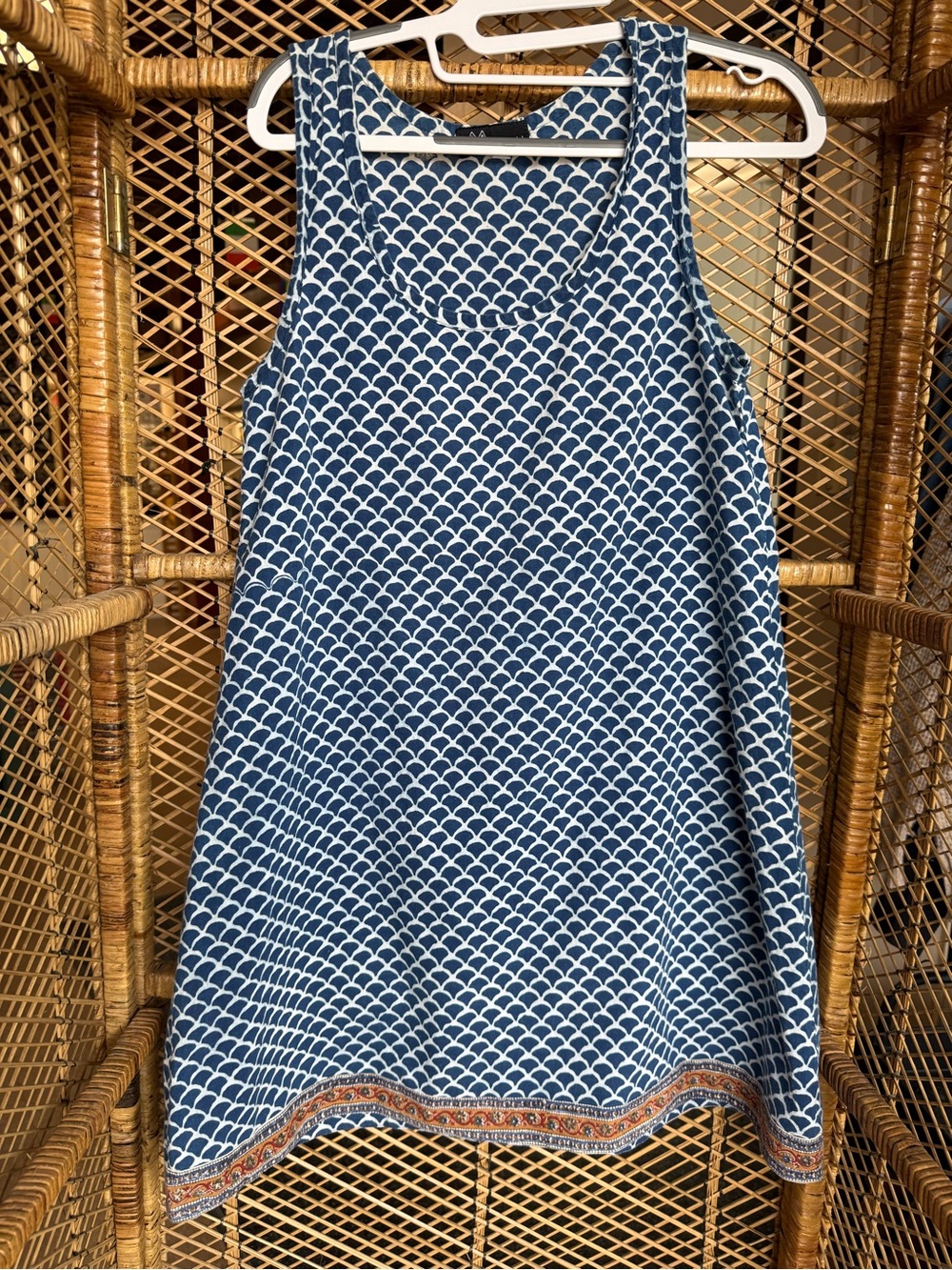 MAELU Blue White Geometric Print Swing Tank Dress Boho Border Hem Sleeveless Sm
